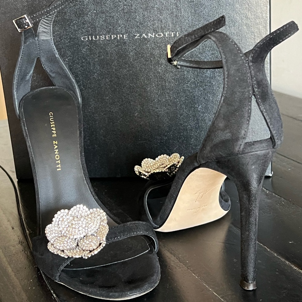 Giuseppe Zanotti Black Heels with Crystal Floral Accent